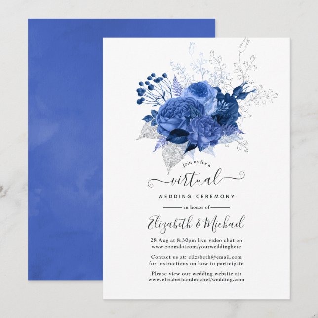Invitación Boda virtual floral real azul y plateado (Anverso / Reverso)