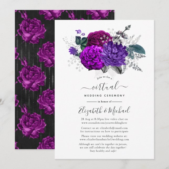 Invitación Boda virtual floral real morado y plateado (Anverso / Reverso)