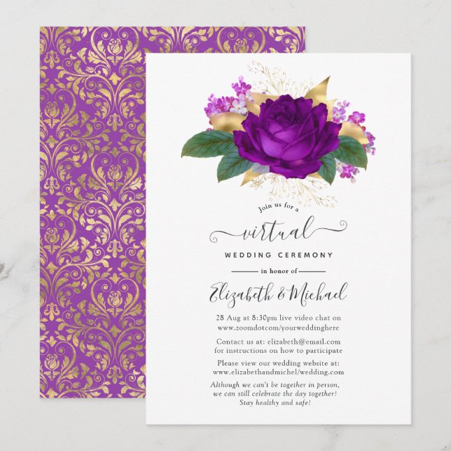 Invitación Boda virtual floral real púrpura y dorada (Anverso / Reverso)