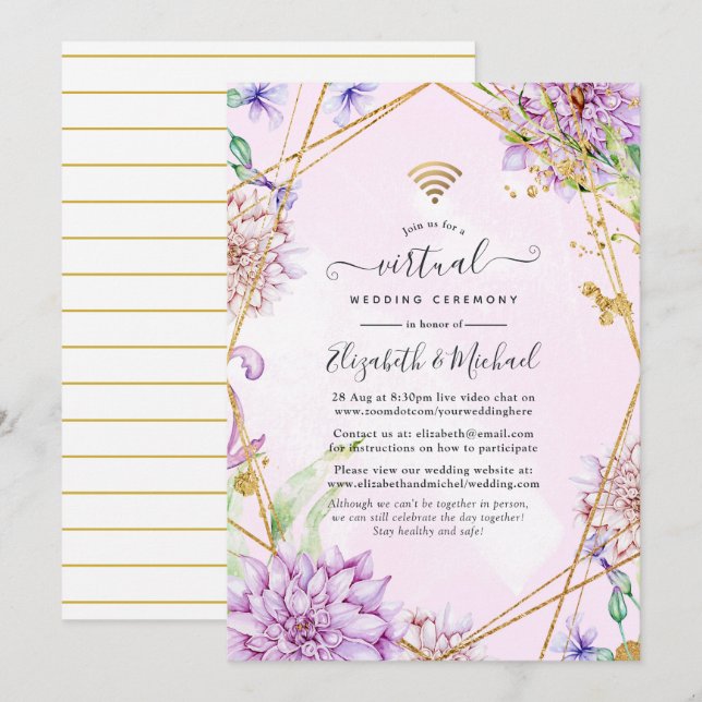 Invitación Boda virtual floral rosa y dorada (Anverso / Reverso)