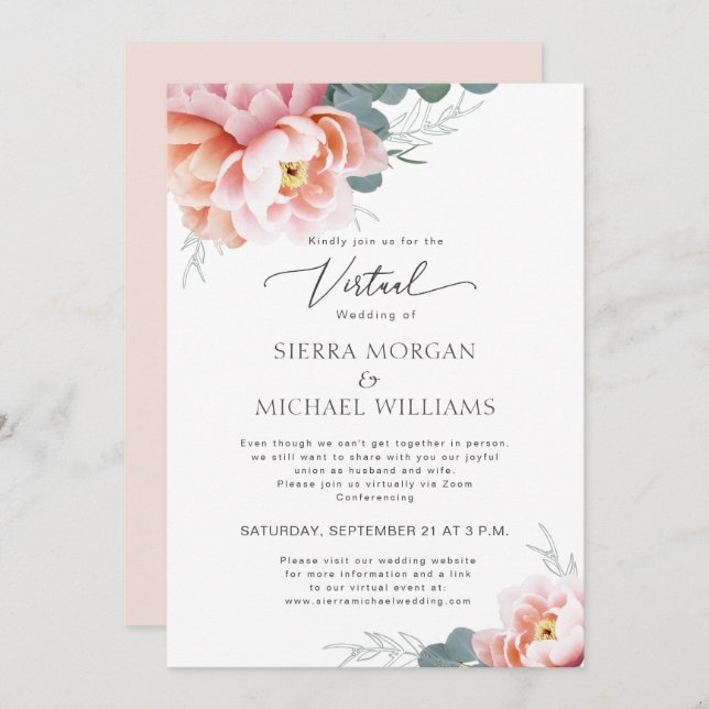 Invitación Boda virtual Floral Rubor Peach Peony rosa (Anverso / Reverso)