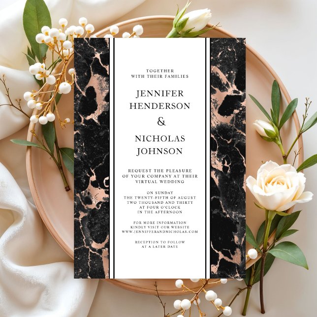 Invitación Boda Virtual Formal de Mármol Negro y Rosa Dorado (Formal Black And Rose Gold Marble Virtual Wedding Invitation)