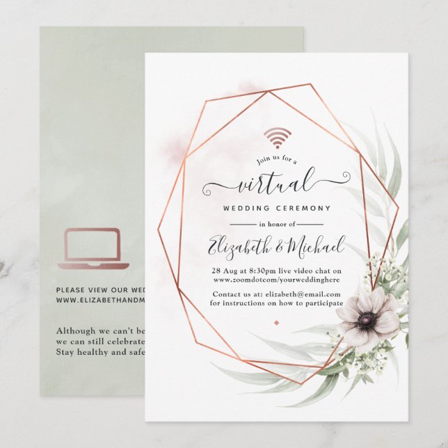 Invitación Boda virtual geométrica de eucalipto con acuarela (Anverso / Reverso)