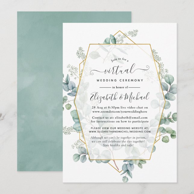 Invitación Boda virtual geométrica de eucalipto de moda (Anverso / Reverso)