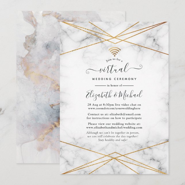 Invitación Boda virtual geométrico de mármol de oro (Anverso / Reverso)