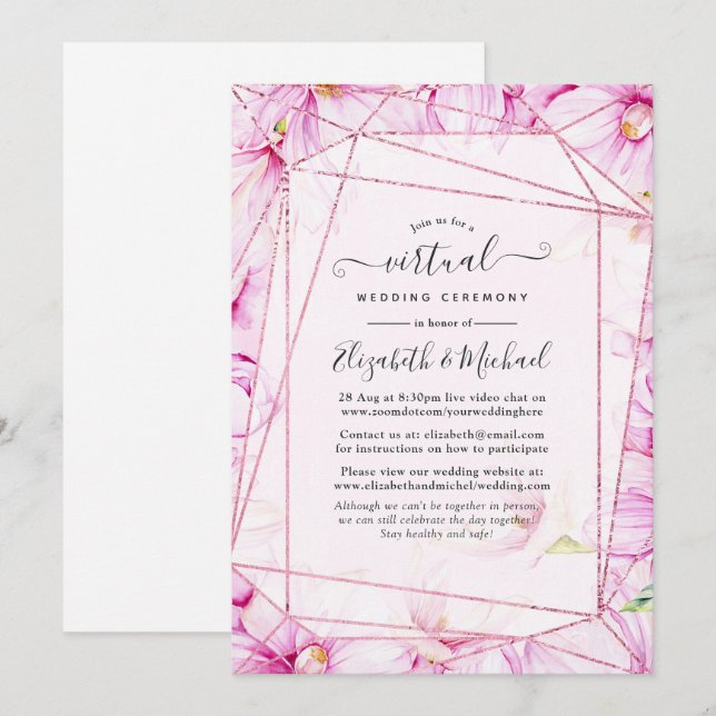 Invitación Boda virtual geométrico floral rosa y oro Rosa (Anverso / Reverso)