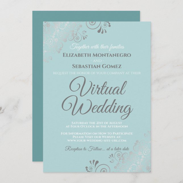 Invitación Boda virtual gris y Verde azulado pálido (Anverso / Reverso)