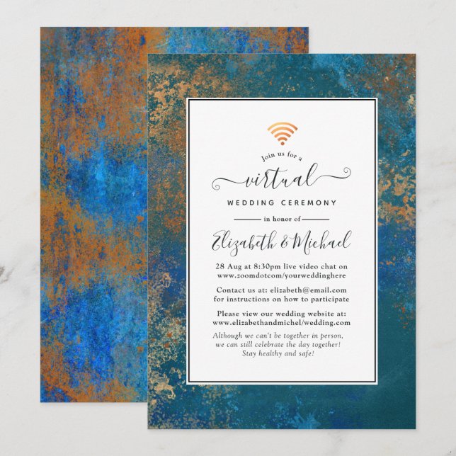 Invitación Boda virtual Grunge Copper Patina & Turquesa (Anverso / Reverso)
