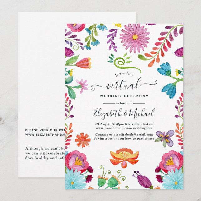 Invitación Boda virtual mexicana floral con acuarela (Anverso / Reverso)