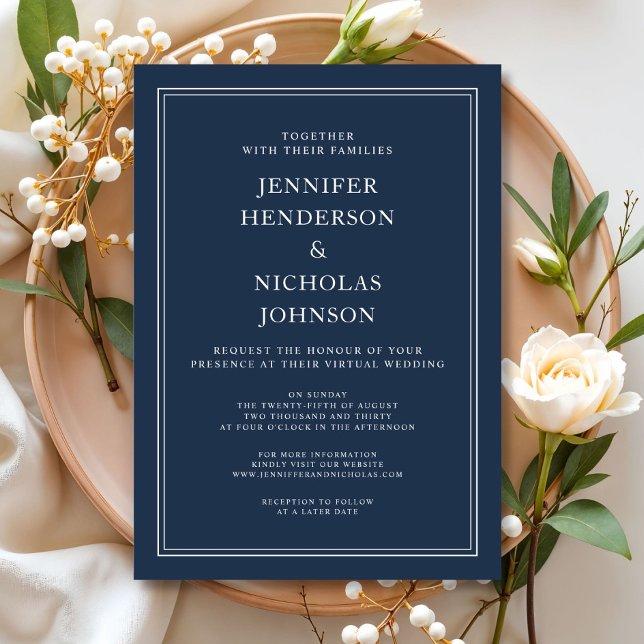 Invitación Boda Virtual Moderna Elegante Clásica de Azul Mari (Modern Elegant Classic Navy Blue Virtual Wedding Invitation)