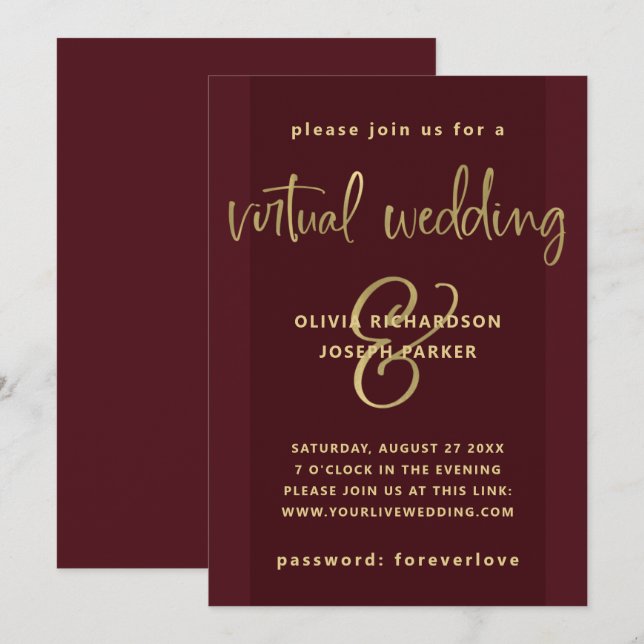 Invitación Boda virtual moderno | Borgoña y oro (Anverso / Reverso)