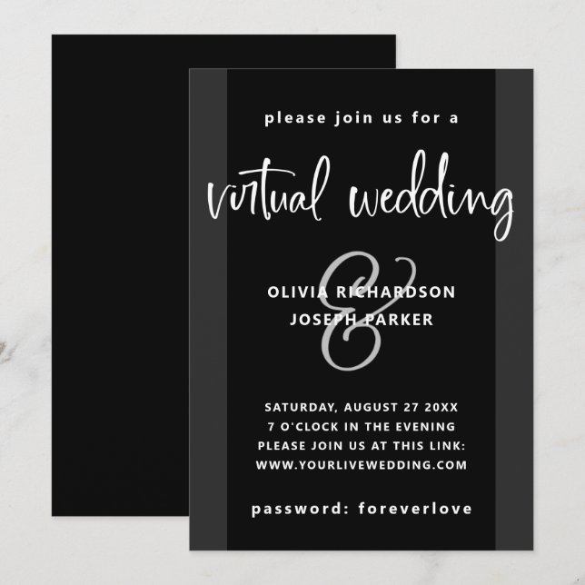 Invitación Boda virtual moderno| Carbón blanco y negro (Anverso / Reverso)