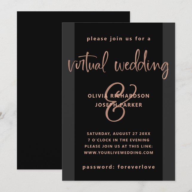 Invitación Boda virtual moderno| Oro negro y Rosa (Anverso / Reverso)