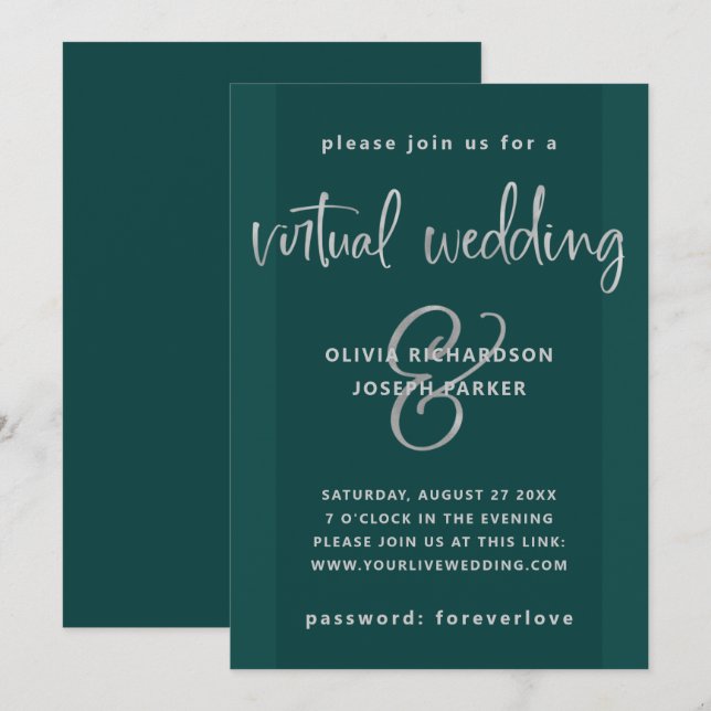 Invitación Boda virtual moderno| Verde esmeralda y plata (Anverso / Reverso)