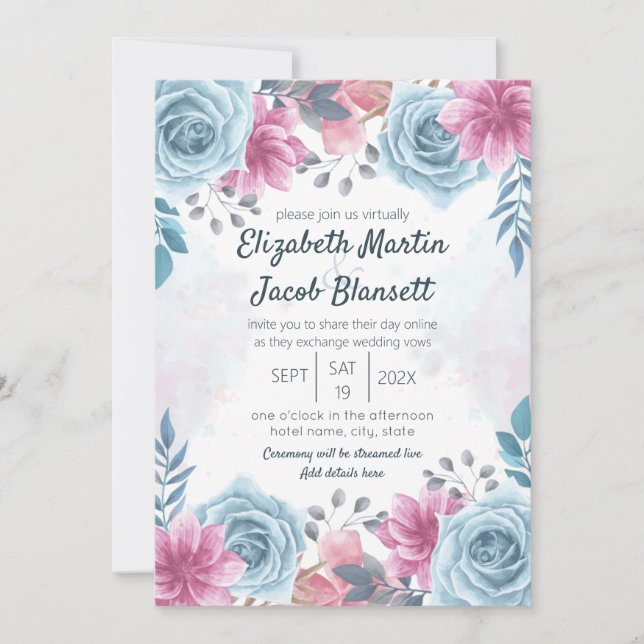 Invitación Boda virtual Rosa azul turbio y floral rosa (Anverso)