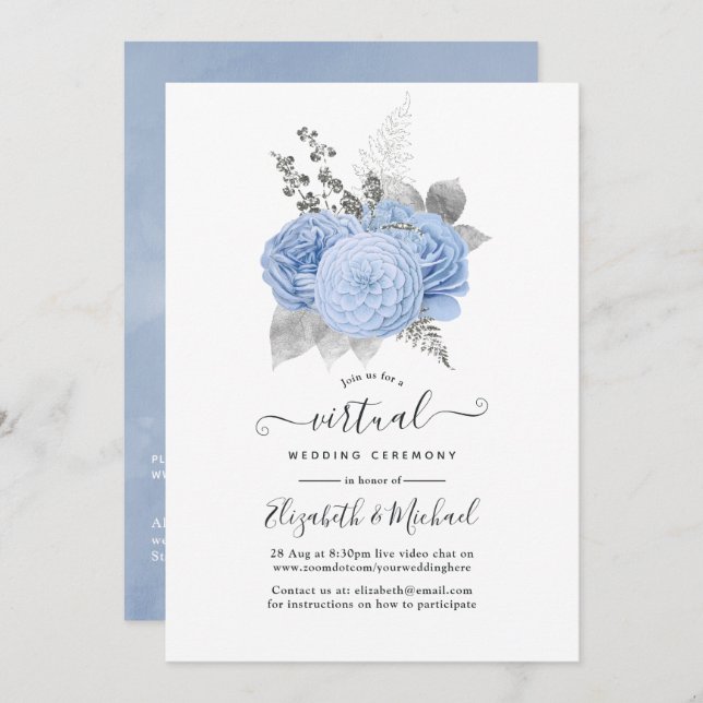 Invitación Boda virtual Rosa de cosecha azul y plateado Paste (Anverso / Reverso)