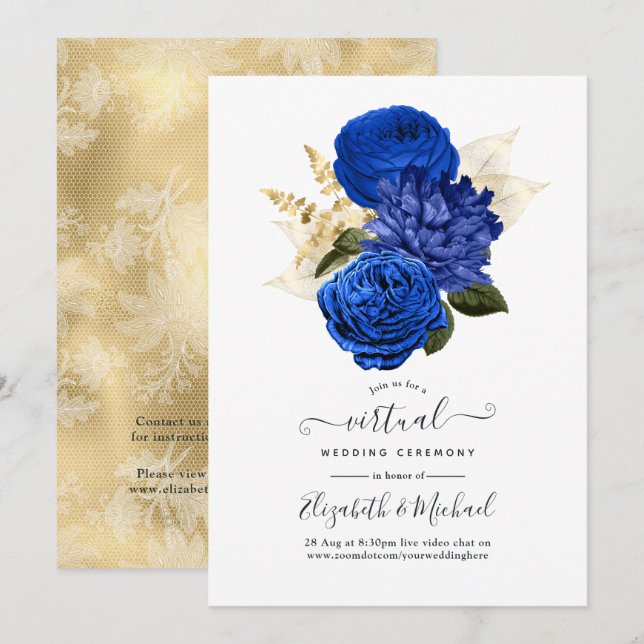 Invitación Boda virtual Royal Blue & Gold Floral y Lace (Anverso / Reverso)