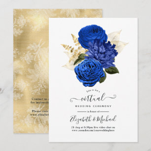 Invitación Boda virtual Royal Blue & Gold Floral y Lace