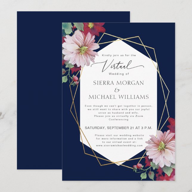 Invitación Boda virtual Rubor Burgundy Gold Naval Azul (Anverso / Reverso)