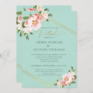 Invitación Boda virtual Rubor Floral Peony Gold Mint Green