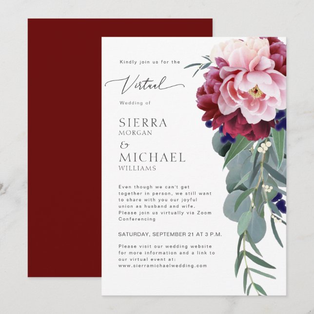Invitación Boda virtual Rubor Foliage floral rosa de Borgoña (Anverso / Reverso)