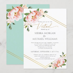 Invitación Boda virtual Rubor Peony Floral Gold Mint Green