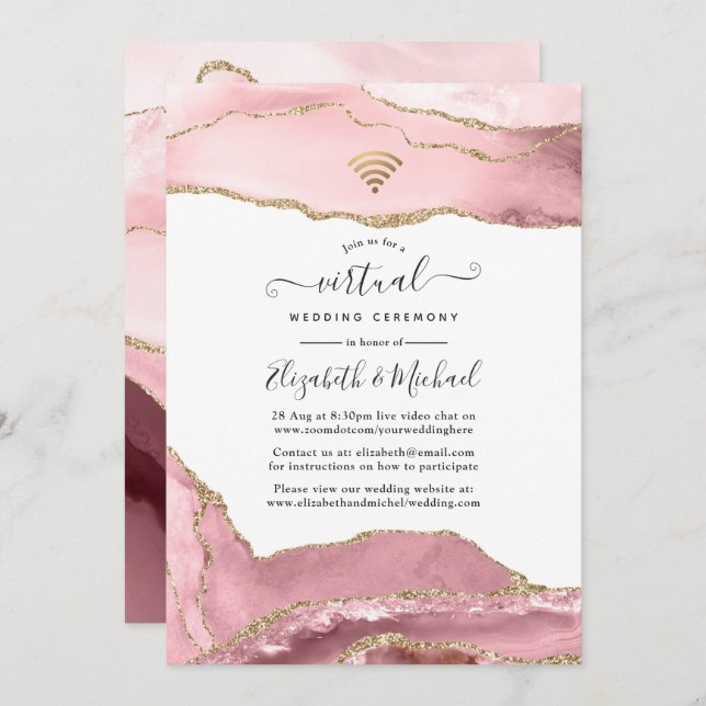 Invitación Boda virtual Rubor y Gold Agate (Anverso / Reverso)