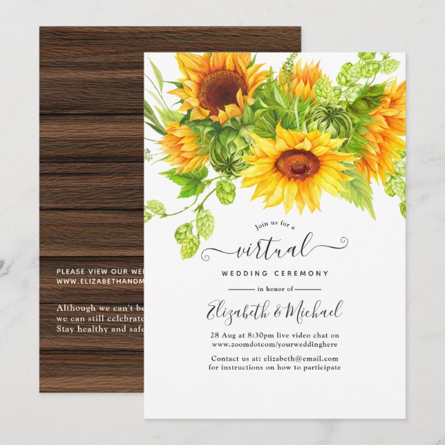 Invitación Boda virtual ruso de girasoles bohemios en línea (Anverso / Reverso)