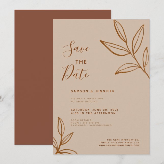 Invitación Boda Virtual Terracota Hoja Guardar la Fecha (Anverso / Reverso)