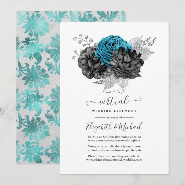 Invitación Boda virtual turquesa, negro y plateado (Anverso / Reverso)