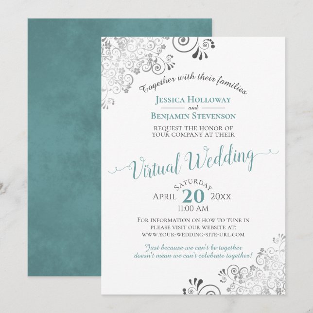 Invitación Boda virtual Verde azulado, grisáceo y blanco de L (Anverso / Reverso)