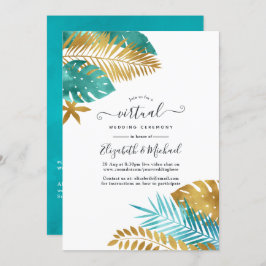 Invitación Boda virtual verde azulado y tropical de oro