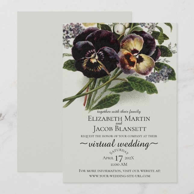 Invitación Boda virtual Vintage Purple Pansy (Anverso / Reverso)