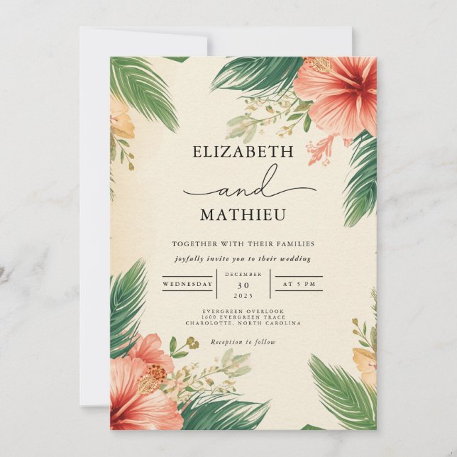 Invitación Boda Vivid Hibiscus Palm Arch (Anverso)