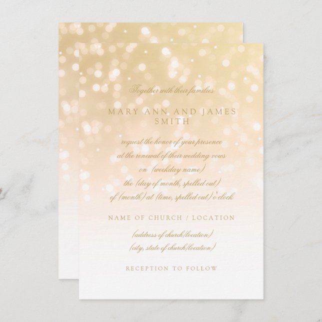 Invitación Boda Vow Renewal Gold Bokeh Sparkle Luces (Anverso / Reverso)