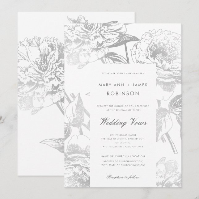 Invitación Boda Vow Renovación Moderna Plata Floral Simple (Anverso / Reverso)