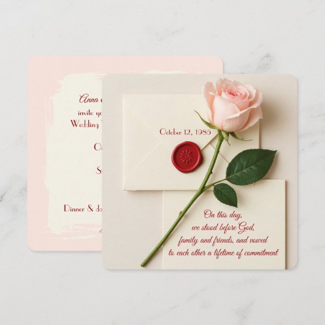 Invitación Boda Vow Renovación Rosa Rosa Con Sello De Cera Ro (Anverso / Reverso)