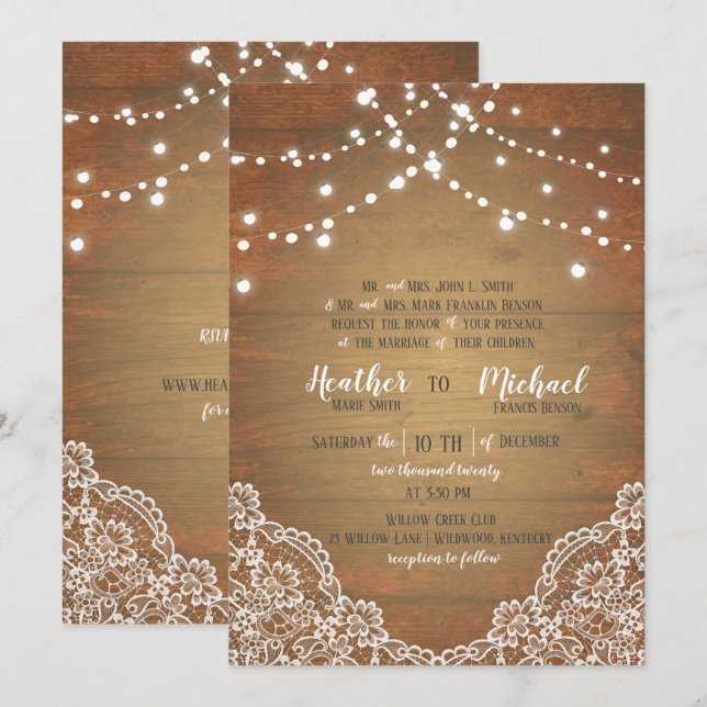 Invitación Boda W/RSVP de las luces de cadena de encaje rusas (Anverso / Reverso)