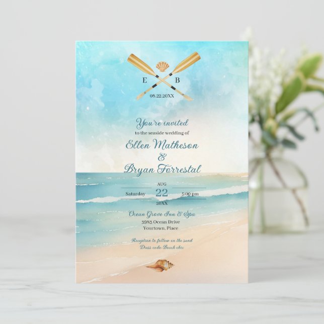 Invitación Boda Watercolor Beach Oars (Anverso de pie)