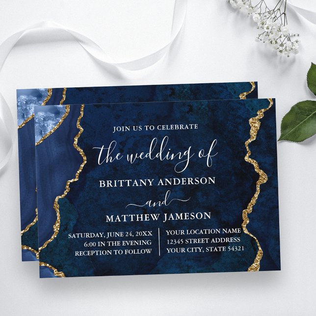 Invitación Boda Watercolor Blue Marble Gold (Customize to change text size, text style or to add more text to back of card.)