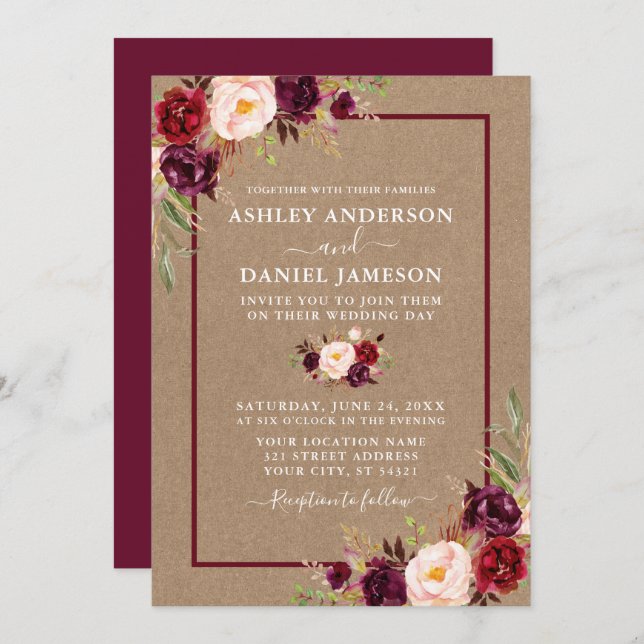 Invitación Boda Watercolor Burgundy Floral Kraft (Anverso / Reverso)
