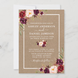 Invitación Boda Watercolor Burgundy Floral Kraft