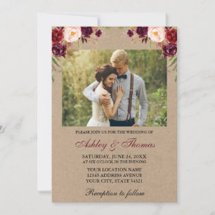 Invitación Boda Watercolor Burgundy Floral Photo Kraft