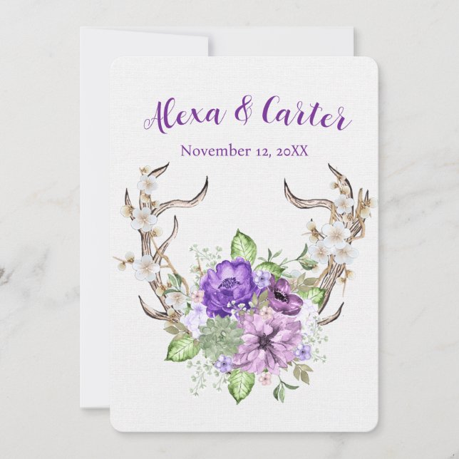 Invitación Boda Watercolor Deer Antler Bouquet (Anverso)