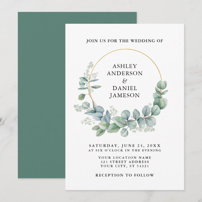 Invitación Boda Watercolor Eucalyptus Greenery Gold (Anverso / Reverso)