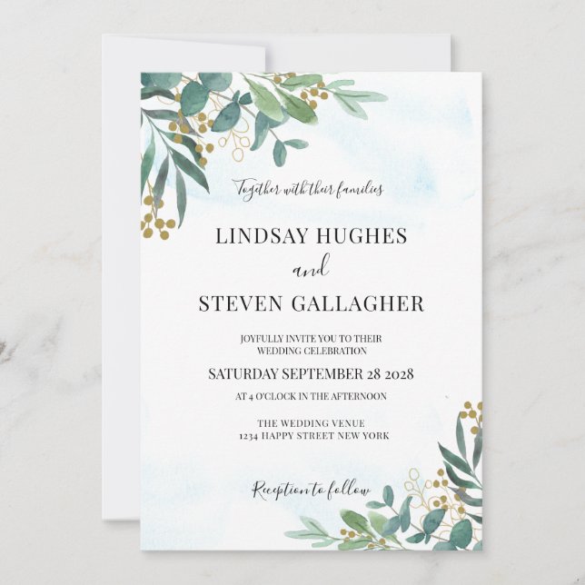 Invitación Boda Watercolor Eucalyptus Greenery Gold (Anverso)