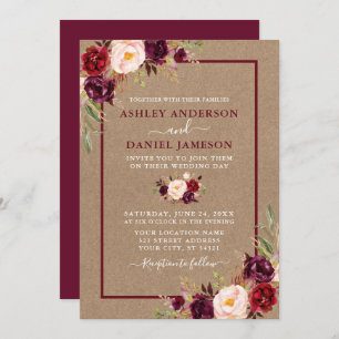 Invitación Boda Watercolor Floral Burgundy Kraft