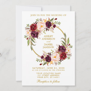 Invitación Boda Watercolor Floral Wreath Burgundy Gold