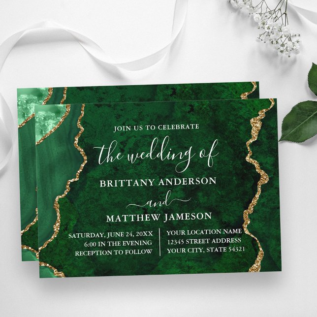 Invitación Boda Watercolor Green Marble Gold (Customize to change text size, text style or to add more text to back of card.)