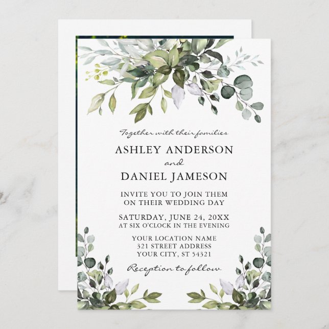 Invitación Boda Watercolor Greenery Photo (Anverso / Reverso)